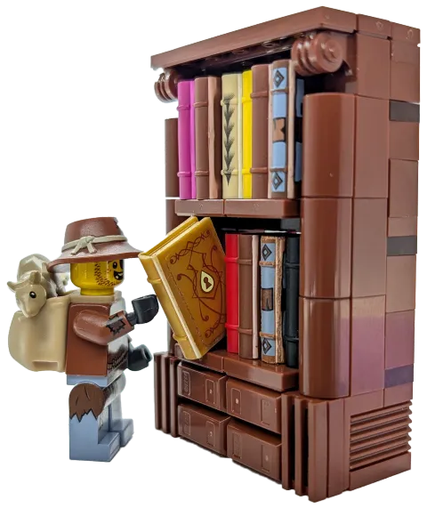 Rusty Dusty selecting a book from a tall brick-built bookshelf, with his rat peeking over his shoulder