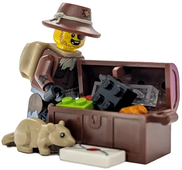 Rusty Dusty beside a treasure chest of LEGO bricks, with his rat and a letter