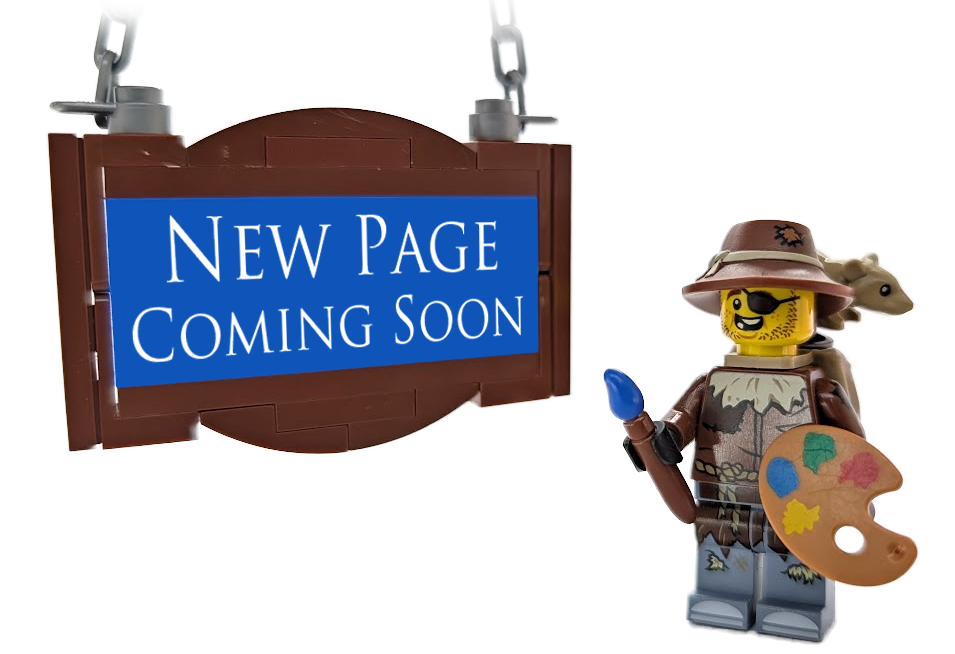 Rusty Dusty holding a paintbrush beside a hanging sign that reads New Page Coming Soon